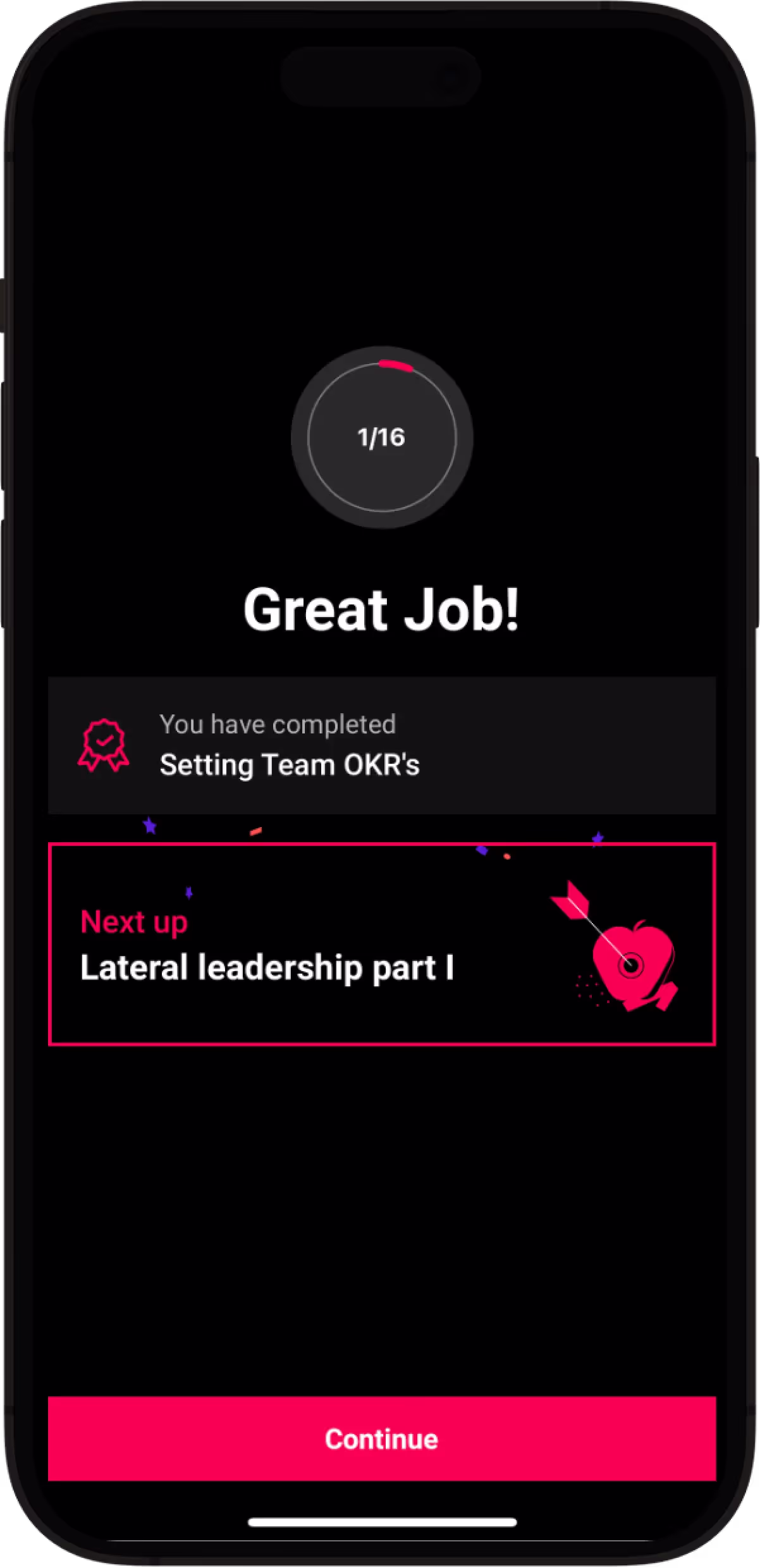 Passion.io onboarding app screen that shows the lesson completion screen, which says "Great job!"
